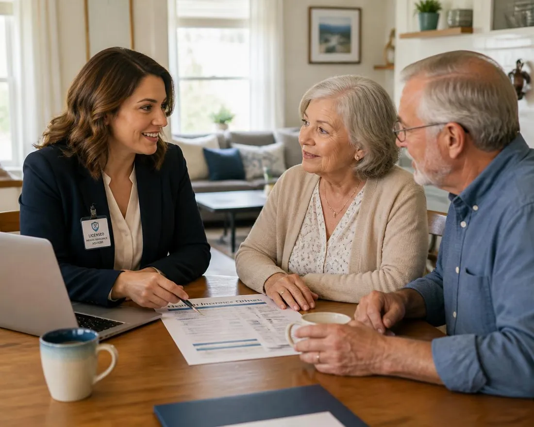 A licensed healthcare advisor reviewing coverage options with a couple at home