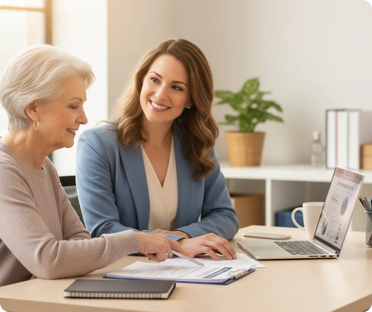 A licensed healthcare agent reviewing coverage options with a retired couple